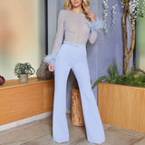 Hulianfu Elegant Bodycon Jumpsuit Women Slim Fit Straight Sequins Feather Stitching Long Sleeves Spring Romber Lady Party Sexy Playsuit
