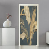 HULIANFU 2023 Door Sticker Modern Banana Leaf Light Luxury 3D Relief Golden Line Wallpaper Living Room Bedroom Abstract Art Door Poster Decor