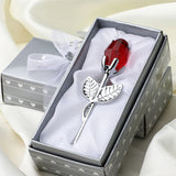 HULIANFU Valentines Day Gift Crystal Glass Rose Artificial Flower Silver Gold Rod Rose Flower for Girlfriend Wedding Gifts for Guest