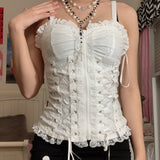 Hulianfu E-girl Grunge Kawaii Corset Top Zipper White Lace Trim Bandage Slim Fit Cropped Top Gothic Emo Alt Clothes Women Streetwear