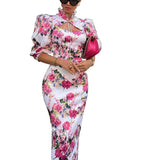 hulianfu Autumn Women Fashion Sexy Slim Stand Collar Long Sleeve Lace Up Printed Simple Temperament Dress