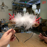 HULIANFU 2023 Christmas Headband Reindeer Antlers Horn Flower Hair Band Clasp Headwear for Kids Adult New Year Navidad Party Halloween Cosplay