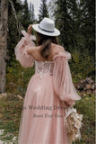 hulianfu  Sweet Dusty Pink Prom Dresses Off Shoulder Long Sleeves Princess Party Dresses Pleated Tulle A-Line Formal Evening Gowns