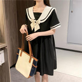 hulianfu Harajuku Sailor Collar Navy Dress Japanese Lolita Sweet Bow-knot Girl Retro Cotton Kawaii Preppy Style Short Sleeve Dress Women