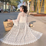 Hulianfu Women Blouse Sun Protection Outerwear Fashion Long Flare Sleeve Mesh Embroidery Thin Loose Party Holiday Maiden Outerwear Sexy