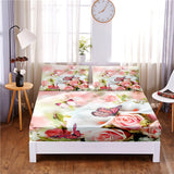 HULIANFU Pretty Flower Digital Printed 3pc Polyester  Fitted Sheet Mattress Cover Four Corners with Elastic Band Bed Sheet Pillowcases
