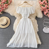 hulianfu Yellow/Purple/White Chiffon Dress Women Sexy Slash Neck Ruffle Robe Elegant Ruffle High Waist Vestidos Female Beach Vacation New
