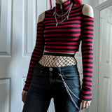 Hulianfu Gothic Mall Goth Striped Print T-shirt Hollow Out Slim Fit Turtleneck Crop Top E-girl Harajuku Grunge Emo Alt Tees Women Clothes