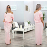 Splice Contrast Panel Women Dress Summer Casual Loose Off Shoulder Short Sleeve Ladies Irregular Maxi Long Dress Vestidos