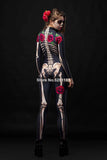 HULIANFU Women Cosplay Skeleton Rose Sexy Bodysuit Halloween Devil Ghost Specter Jumpsuit Romper Party Carnival Performance Scary Costume