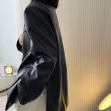 Hulianfu Autumn and winter women's casual solid color single-breasted pocket decoration loose PU jacket