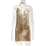 hulianfu Handmade Backless Sequin Metal Mesh Dress Women Chain Halter Rhinestone Chain Slit Night Club Birthday Party Dress Mini