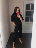 hulianfu  Spring Streetwear Pants High-Waist Straight Ribbon Cargo Pants Student Loose Short-Sleeved Shirt with Tie two-piece Set