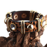 HULIANFU RH Fashion Boho Leather Armbander Goldcolor Metal Rectangle Real Leopard Horsetail Leather Bracelets For Women Gift DropShip
