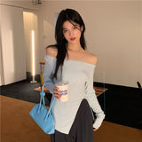 Hulianfu New Women's Slim Off-shoulder Full Sleeve T-shirts Girls Solid Stretchy Irregular Split Tshirt Tops Slash Neck Tees