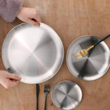HULIANFU Stainless steel Dinner Plates Restaurant Gold Serving Tray Round Dessert Cake Snack Dishes Silver Storage Plate Korean Cutlery