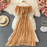 hulianfu Yellow/Purple/White Chiffon Dress Women Sexy Slash Neck Ruffle Robe Elegant Ruffle High Waist Vestidos Female Beach Vacation New