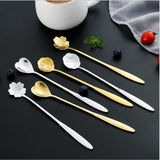 HULIANFU Tea Coffee Mixing Spoon Gold Spoon Long Handle Dessert Stainless Steel Vintage Teaspoons Drink Tableware Flowers Design 1PCS