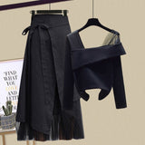 Hulianfu Women Sets Mesh Patchwork Slash Neck Tops + Asymmetric Skirt 2 Piece Suit Female Party Suits Elegant Casual Two Piece Set