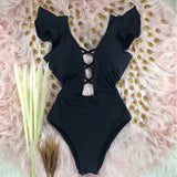New Sexy Ruffle Print Floral One Piece Swimsuit Off The Shoulder Swimwear Women Solid Deep-V Beachwear Bathing Suit Monkini