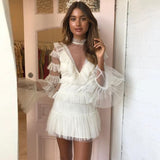 hulianfu Sevintage Tiered Tulle Long Sleeve Graduation Dresses High Neck Short Prom Gowns White/Ivory Cocktail Homecoming Dress Customize