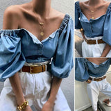 Hulianfu Off Shoulder Puff Sleeve Women's Shirs Autumn Sexy Single Breasted Female Denim Tops Spring Trend Fashion Ladies Shirts