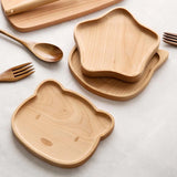 HULIANFU Natural Beech Cartoon Food Tray Wooden Cup Breakfast Plate Large Solid Wood Tableware Cake Snack Fruit Tray Safe baby Food Bowl