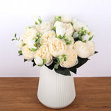 HULIANFU 2023 30cm Rose Pink Silk Bouquet Peony Artificial Flowers 5 Big Heads 4 Small Bud Bride Wedding Home Decoration Fake Flowers Faux