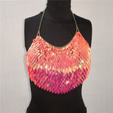 Handmade Bling Colorful Sequined Crop Tops Halter Sleeveless Low Cut Backless Sexy Women Tank Top Club Party Adjustable Tops