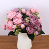 HULIANFU 2023 30cm Rose Pink Silk Bouquet Peony Artificial Flowers 5 Big Heads 4 Small Bud Bride Wedding Home Decoration Fake Flowers Faux
