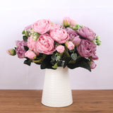 HULIANFU 2023 30cm Rose Pink Silk Bouquet Peony Artificial Flowers 5 Big Heads 4 Small Bud Bride Wedding Home Decoration Fake Flowers Faux