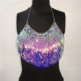Handmade Bling Colorful Sequined Crop Tops Halter Sleeveless Low Cut Backless Sexy Women Tank Top Club Party Adjustable Tops