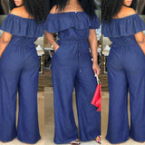 Hulianfu Fashion Casual Women Solid Off Shoulder Long Romper Jumpsuit Bodysuit Overall Wide Legs