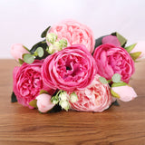 HULIANFU 2023 30cm Rose Pink Silk Bouquet Peony Artificial Flowers 5 Big Heads 4 Small Bud Bride Wedding Home Decoration Fake Flowers Faux