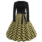 Winter Christmas Dresses Women 50S 60S Vintage Robe Swing Pinup Elegant Party Dress Long Sleeve Casual Plus Size Print Black
