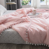 HULIANFU Summer throw Quilts fresh pink patchwork quilt stitching small balls duvet 1pc soft bedspread solid bed cover pastoral bed linen