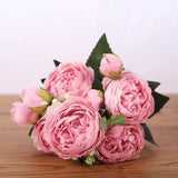 HULIANFU 2023 30cm Rose Pink Silk Bouquet Peony Artificial Flowers 5 Big Heads 4 Small Bud Bride Wedding Home Decoration Fake Flowers Faux