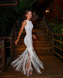 hulianfu High Quality White Sleeveless Tassel Hollow Out Bodycon Rayon Bandage Dress Evening Party Sexy Dress