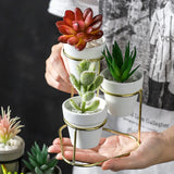 HULIANFU Mini 3 in 1 Pottery Planters Modern Small Flower Pots with Gold Black Metal Stands Decorative Tabletop Ornaments Home Decoration