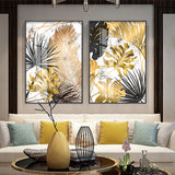 HULIANFU Nordic Golden Abstract Leaf Flower Wall Art Canvas Painting Modern Plant Poster Print Wall Picture Living Room Unique Decoration