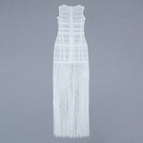 hulianfu High Quality White Sleeveless Tassel Hollow Out Bodycon Rayon Bandage Dress Evening Party Sexy Dress