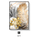 HULIANFU Nordic Golden Abstract Leaf Flower Wall Art Canvas Painting Modern Plant Poster Print Wall Picture Living Room Unique Decoration