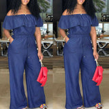 Hulianfu Fashion Casual Women Solid Off Shoulder Long Romper Jumpsuit Bodysuit Overall Wide Legs