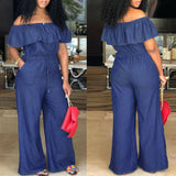Hulianfu Fashion Casual Women Solid Off Shoulder Long Romper Jumpsuit Bodysuit Overall Wide Legs