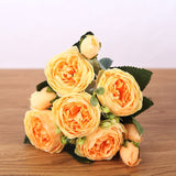 HULIANFU 2023 30cm Rose Pink Silk Bouquet Peony Artificial Flowers 5 Big Heads 4 Small Bud Bride Wedding Home Decoration Fake Flowers Faux