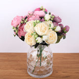 HULIANFU 2023 30cm Rose Pink Silk Bouquet Peony Artificial Flowers 5 Big Heads 4 Small Bud Bride Wedding Home Decoration Fake Flowers Faux