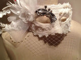 Ladies Masquerade White Face Mask With Veil & Feathers Party Props Fancy Dress