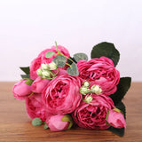 HULIANFU 2023 30cm Rose Pink Silk Bouquet Peony Artificial Flowers 5 Big Heads 4 Small Bud Bride Wedding Home Decoration Fake Flowers Faux