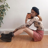 Hulianfu Sun Moon Printed Transparent Mesh Sexy T-Shirt Women O-Neck Long Sleeve Slim Basic Casual Female Tops Spring New