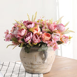 HULIANFU 2023 5 Head Bouquet Peony Artificial Flowers Small White Silk Peonies Fake Flowers Wedding Party Home Decoration Rose Flower Pink Art